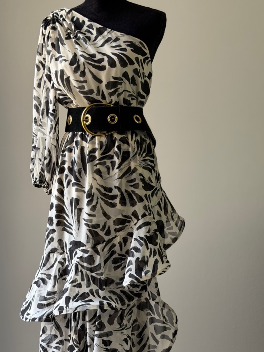 Alexis Black and White Asymmetrical Ruffle Midi Skirt
